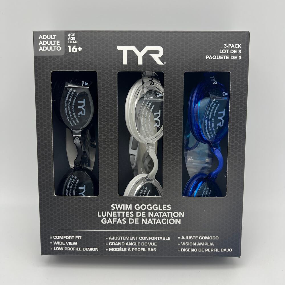 TYR Unisex Adult Swimming Goggles 3 Pack UV Protection Wide View Black Blue NEW